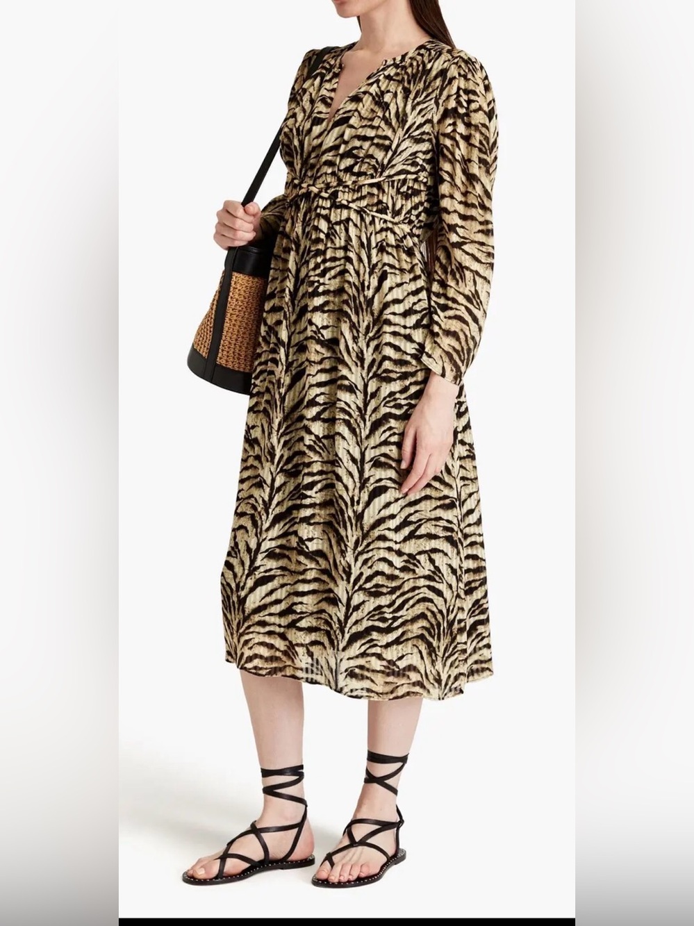 Ba&Sh Animal-Print V-Neck Midi Dress in Beige and Black Size S $420